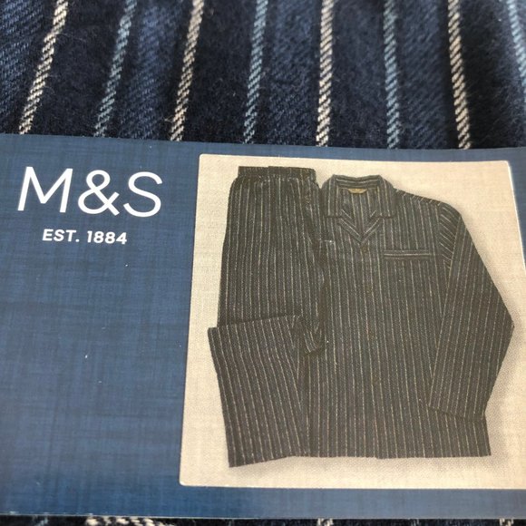 M&S Marks and Spencer 2 Pce 100% Brushed Cotton Striped Pajama Set Blue Sz L NWT - Picture 4 of 9
